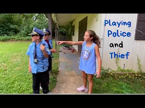 Playing police and thief in backyard with chase and whistle