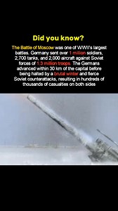 The Battle of Moscow in 1941 was one of the largest battles of World War II. German forces launched a massive attack, sending over 1 million soldiers, 2,700 tanks, and 2,000 aircraft toward the Soviet capital. The Soviets defended with roughly 1.3 million troops and built strong fortifications around the city. The Germans got as close as 30 km (19 miles) from Moscow, but the harsh winter and Soviet counterattacks stopped them. The battle lasted from October 1941 to January 1942, with hundreds of
