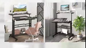 Mobile Standing Desk, Adjustable Rolling Computer Desk with 3 Desktops, Portable Laptop Table with Cup Holder, Home Office Laptop Workstation on Lockable Wheels, Black, Rustic Brown