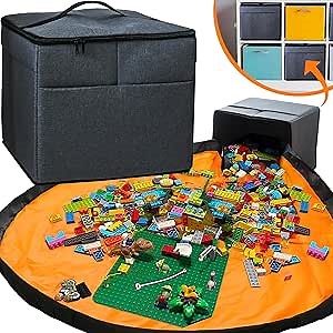 XL Toy Storage Organizer with Play Mat - Storage Bag/Box for Kids, Boys, Girls, Nursery, Playroom - Basket for Building Bricks/Blocks - Collapsible Fabric Cube Bin, 13"x13"x15"