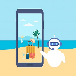 Vacation And Online Booking Concept With Chatbot. Artificial...