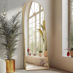 Arched Full Length Mirror 59"x16" Full Body Mirror Floor Mirror Standing Hanging or Leaning Wall, Arch Wall Mirror with Stand Aluminum Alloy Thin Frame for Living Room Bedroom Cloakroom,Gold