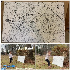 Splatter Paint! Ages 2 Looking for a new art piece for your playroom? Why not have your kids create it? Splatter paint is a fun way to get your kids outside and using their gross motors to paint! When they are done with their original masterpiece you can hang it in their room or a playroom. Wherever it fits best in your house. Get the full details here: https://learnasyouplay.net/2019/12/30/splatter-paint-ages-2/ | LEARN as you PLAY- Early Childhood Activities