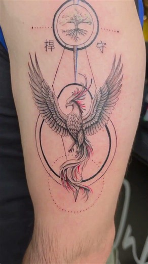 Custom Phoenix Half Sleeve Tattoo with Geometric Design