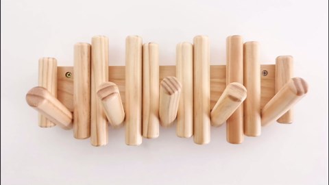 Modern Wooden Wall Mounted Coat Rack, 5-Hooks, Decorative Wall Hooks for Purse, Bags & Hats, Heavy Duty, Sturdy, Natural Oak, Pull Down Hooks, Easy to Install