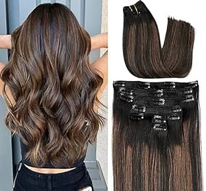 ORIGEN Clip in Hair Extensions Real Remy Human Hair Balayage Natural Black to Chestnut Brown Highlights Hair for Women 120g 7 Pcs 18 Inches