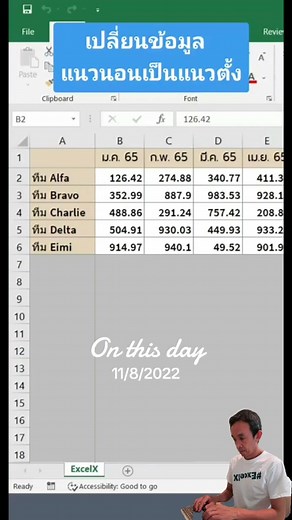 #onthisday เปลี่ยนข้อมูลแนวตั้งเป็นแนวนอน#excel #exceltricks #exceltips #สูตรexcelทํางาน #excelx #transpose