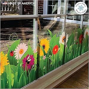 Springtime Flower Window Cling Decal for Glass - Wild Grass, Flowers, Bugs and Insects Design - Large Double Sided Vibrant Color Spring Decoration Window Sticker. Reusable Vinyl. Made in America.