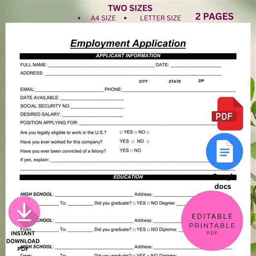 Printable Employee Application Form Template. Editable Job Application for Employment. New Hire HR Form. Hiring Application PDF. Word Docs - Etsy