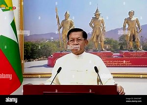FILE - In this file image from video broadcast April 18, 2021, over the Myawaddy TV channel, Senior Gen. Min Aung Hlaing delivers his address to the public during Myanmar New Year. One hundred days since their takeover, Myanmar’s ruling generals maintain just the pretense of control over the country. (Myawaddy TV via AP Stock Photo - Alamy