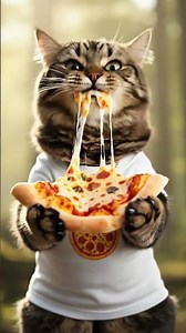 cute cat eating pizza in the forest