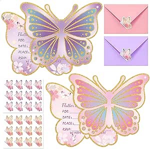 24 Sets Butterfly Birthday Invitations Girl with Envelopes and Stickers, Baby Shower Invitations for Girl, Butterfly Birthday Party Invitation Cards for Kids Party Supplies Favors (Butterfly)