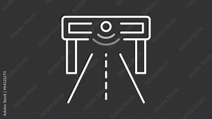 Smart road white line animation. Animated highway and sensor icon. Intelligent traffic management. Smart city. Isolated illustration on dark background. Transition alpha video. Motion graphic