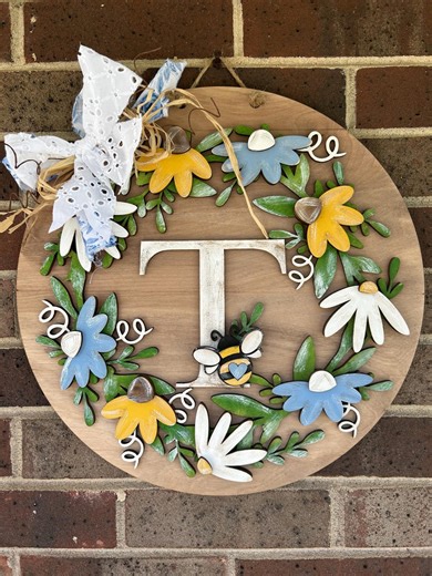 Personalized Floral Initial Door Sign | Shabby Chic Farmhouse Decor, Hand-painted Bee Accent - Etsy
