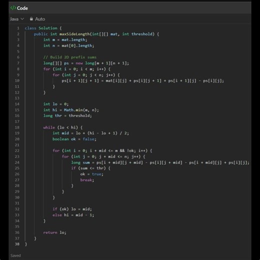 1292 Maximum Side Length of a Square with Sum Less than or Equal to Threshold