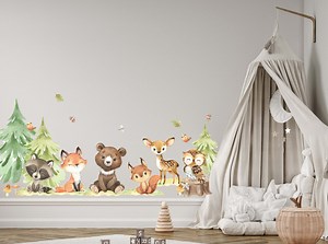 Forest Animals Nursery Wall Decal, Woodland Nursery Decal, Watercolor Bear, Deer, Owl, Fox, Rabbit Stickers! Fabric Wall Decal - Etsy