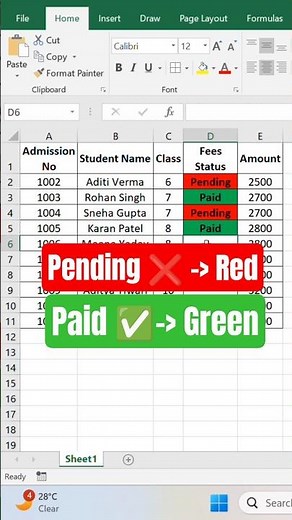 Excel me Fees Status Auto Color | Paid Green, Pending Red 😍 #excel #exceltips #exceltutorial