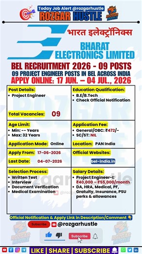BEL Project Engineer Recruitment 2026 | 09 Posts Out | New Vacancy | Apply Online #shorts