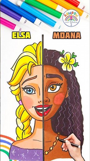 Draw Cute Disney Princesses | Draw Elsa and Moana Happy 🌈👸🏼 #frozen #shorts #moana #happy