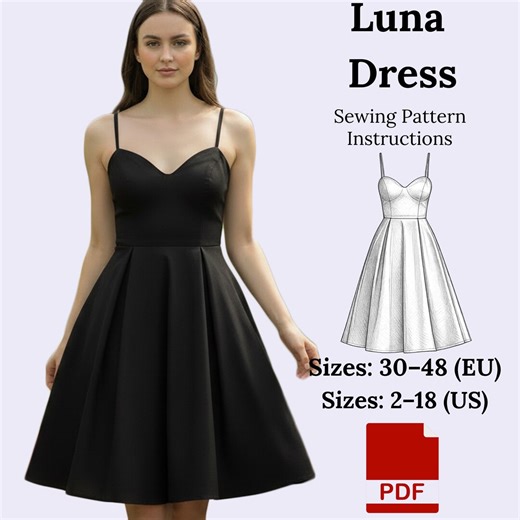 Luna Fit and Flare Dress Sewing Pattern, Pleated Skirt (PDF Pattern) - Etsy UK