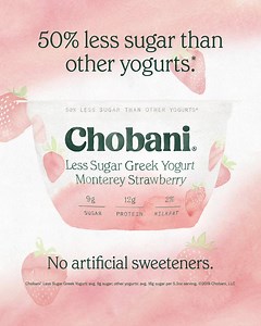 10M views · 852 reactions | Say hello to less. Chobani® Less Sugar Greek Yogurt is made with 50% less sugar than other yogurts*. | Chobani | Facebook