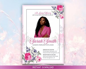 Pink Floral Funeral Program Template | Memorial Service Program | Editable Obituary Template | Instant Download - Etsy