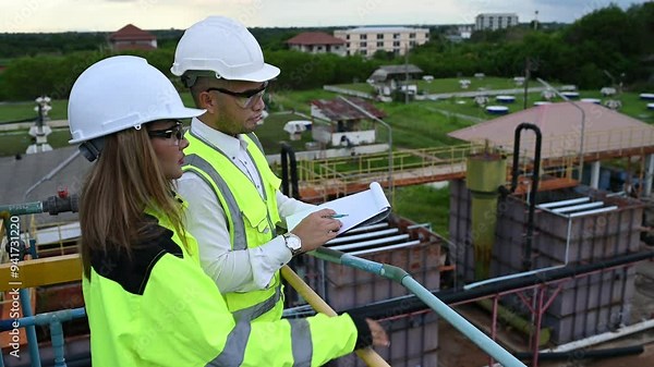 Environmental engineers work at wastewater treatment plants,Water supply engineering working at Water recycling plant for reuse