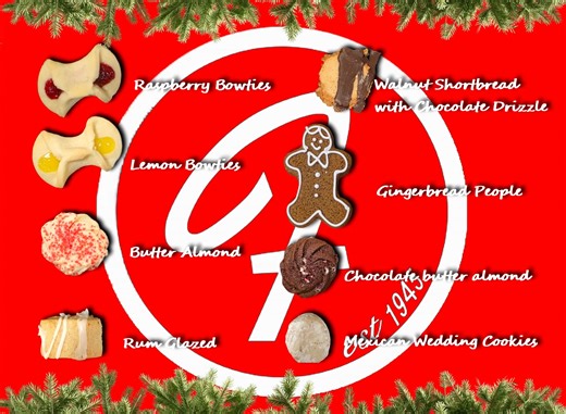 Holiday Cookie Boxes Are Back at Frank’s Bake Shop! It’s officially cookie season and our famous Holiday Cookie Boxes are returning this year, packed with all your festive favorites! Each box is filled with a hand-picked assortment of classics and customer favorites, baked fresh and ready to sweeten every celebration. Here’s what’s inside this year’s box: Gingerbread People Lemon Bowties Raspberry Bowties Walnut Shortbread with Chocolate Drizzle Butter Almond Chocolate Butter Almond Rum-Glazed C