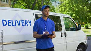 Courier filling delivery blank, checklist report, postal service transportation
