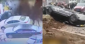 Child in China throws firecracker into manhole, causes explosion that flips car
