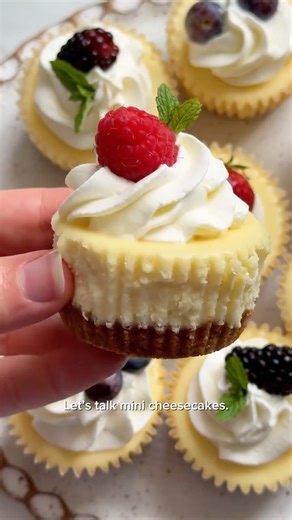Sally McKenney on Instagram: "Individual Cheesecakes 🫐🍓🍒 Recipe is below or comment SEND and we can send you the full website recipe with more topping options, instructions for super mini cheesecakes, and freezing details 😁 ⠀⠀⠀⠀⠀⠀⠀⠀⠀ Makes 12 CRUST -1 cup (120g) graham cracker crumbs (about 8 graham crackers) -2 Tbsp (25g) granulated sugar 3 Tbsp (43g) unsalted butter, melted FILLING 16 ounces (452g) full-fat brick cream cheese, softened 1/2 cup (100g) granulated sugar 1/4 cup (60g) sour cre