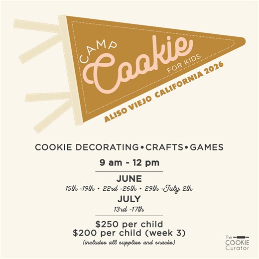 🚨 CAMP COOKIE 2026 • REGISTRATION IS OFFICIALLY OPEN 👇🏻 Register: https://the-cookie-curator.myshopify.com 🍪 The sweetest summer camp in Orange County is back. 🔹 Cookie decorating 🔹 Crafts 🔹 Games & creativity 📍 Aliso Viejo WEEKS: • June 15–19 • June 22–26 • June 29–July 2 (4-day week) • July 13–17 TIME: 9am–12pm AGES: 6–12 PRICING: $250 per week (Weeks 1, 2 & 4) $200 for Week 3 (4-day week) ✨ Each camper receives all decorating supplies, themed crafts, allergy-friendly snacks, take-home