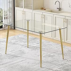 Glass Dining Table for 4 with 51 inch Clear Tempered Glass Top, 0.31" Modern Rectangular Glass Kitchen Table Furniture with 4 Golden Plating Metal Legs for Home Kitchen Room
