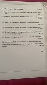 3.1 Define the term 'Public Participation'.(1×2) (2)3.2 Expla... | Filo