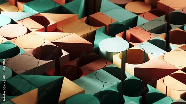 3D background rendering. Wooden blocks of simple geometric shapes create a pattern, slow moving , soothing. Looping sequence