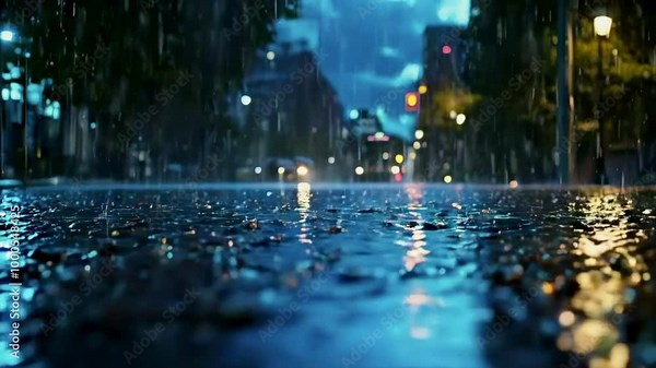 establishing shot of a hard rain falling at night