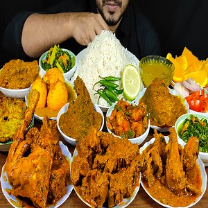 794K views · 10K reactions | Eating Mutton Kosha, Prawn Masala, 2 Tyeps Chicken Curry, Pomfret Fish Curry, Telapia Fish Bhuna, Rohu Fish Curry, Egg Korma, Omelette, Spinach, Dal, Salad With Plain Rice  | Eating Express | Facebook