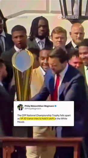 185K views · 1K reactions | VEEP VANCE: In a scene that could have been clipped from HBO’s #VEEP, Vice President JD Vance attempted to hoist the CFP National Championship Trophy into the air but instead broke the award. Follow @couriernewsroom for more. | COURIER | Facebook