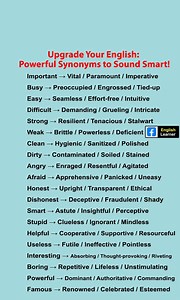 Sound More Fluent – 20 Powerful Synonyms You’ll Love! Stop repeating basic words. Upgrade your English with these advanced yet practical synonyms for daily and professional use. 💬✨ #EnglishLearning #PowerfulVocabulary #SmartEnglish #Synonyms #ImproveYourEnglish #DailyEnglish #WordPower #EnglishTips #FluentEnglish #EnglishForEveryone | English Learners