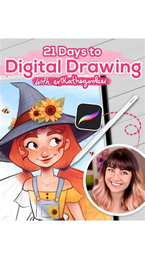 21 Draw on Instagram: "💥NEW course on 21 Draw: 21 Days to Digital Drawing 💥 by @erikathegoober⁠ ⁠ Wish your digital sketches matched the vision in your head? 😍 ⁠ ⁠ In Erika’s beginner-friendly Procreate course, you’ll discover the shortcuts to creating beautiful digital art of your own.—with confidence!⁠ ⁠ You’ll learn how to:⁠ 🖌️ Sketch comfortably and smoothly⁠ 🎨 Pick gorgeous colors with ease⁠ ⚡ Speed up your workflow with pro tools⁠ 🌟 Add stunning light and depth to your art⁠ ⁠ This co
