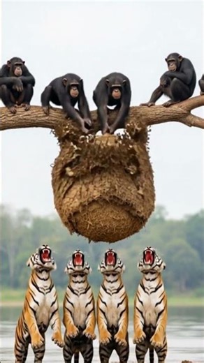 Chimp slams hornet nest, unleashing angry swarm on tigers! #chimp #hornets #tigers #jungle