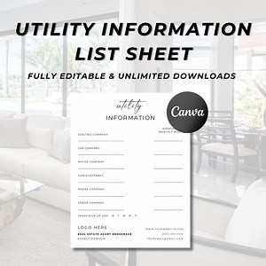 Utility Information for Real Estate, Real Estate Marketing, Real Estate Utility Providers List, Editable Canva Template, Printable, Download - Etsy