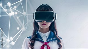 School girl wearing VR headset with atom background, exploring scientific concepts in a digital learning environment.
