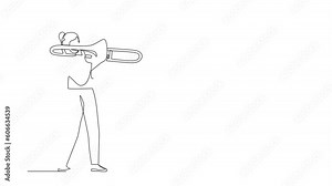Animated self drawing of continuous line draw trombone player. Performer play wind instrument. Music artist girl. Jazz woman. Musician play trumpet. Classic music event. Full length one line animation Stock Video