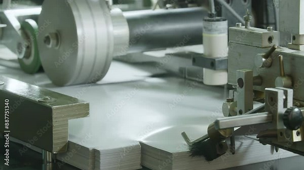 workflow for making Diaper manufacturing enterprise. Big spinning shaft sends the pieces of fiber to the conveyor belt. Modern industrial plant.