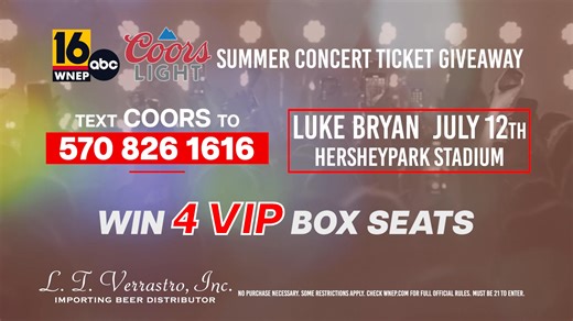 Choose Chill this Summer with WNEP and Coors Light for your chance to win 4 VIP box seats to Luke Bryan on July 12th at Hersheypark Stadium. Must be 21 to enter. https://www.wnep.com/article/news/local/contests/wnep-coors-light-summer-concert-ticket-giveaway/523-0d3ca196-ea30-4257-9a4d-f1ee4410eadd?utm_medium=social&utm_source=facebook_WNEP-TV | WNEP-TV
