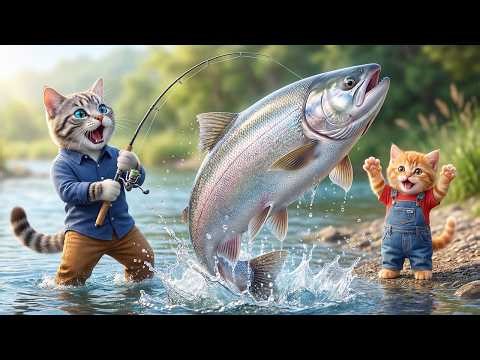 🐾From a Tiny Wish to Pure Happiness: Papa Cat & Ginger Kitten Happily Go Fishing By The Stream 🐱