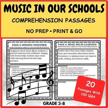 Music Month Reading Comprehension Worksheets (Grades 3–8)
