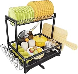 Simple Trending Dish Rack Over the Sink, 2-Tier Dish Drying Rack, Stainless Steel Dish Drainer for Kitchen Counter, Black