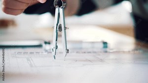 The architect draws a project of an apartment house using a compass. Close view and very smooth dolly shot 4K video